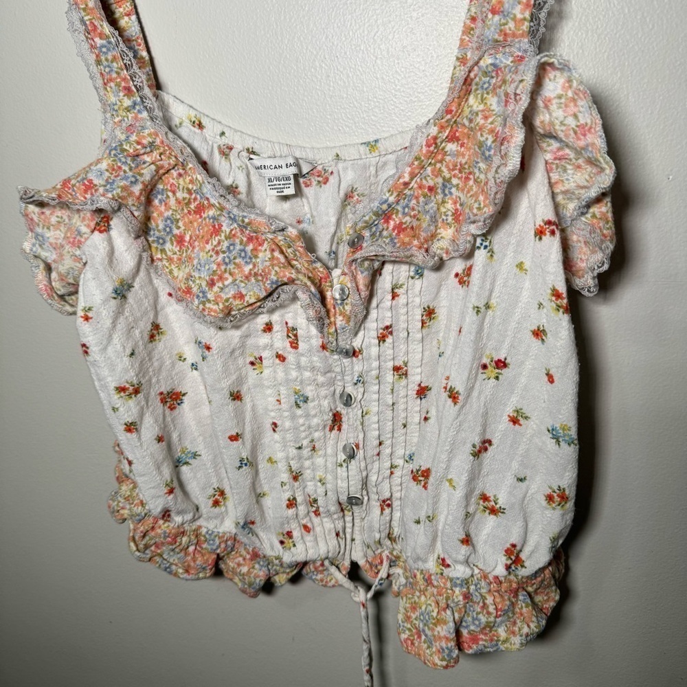 AMERICAN EAGLE Floral Print Loose Fit Top cream XL - Picture 5 of 7